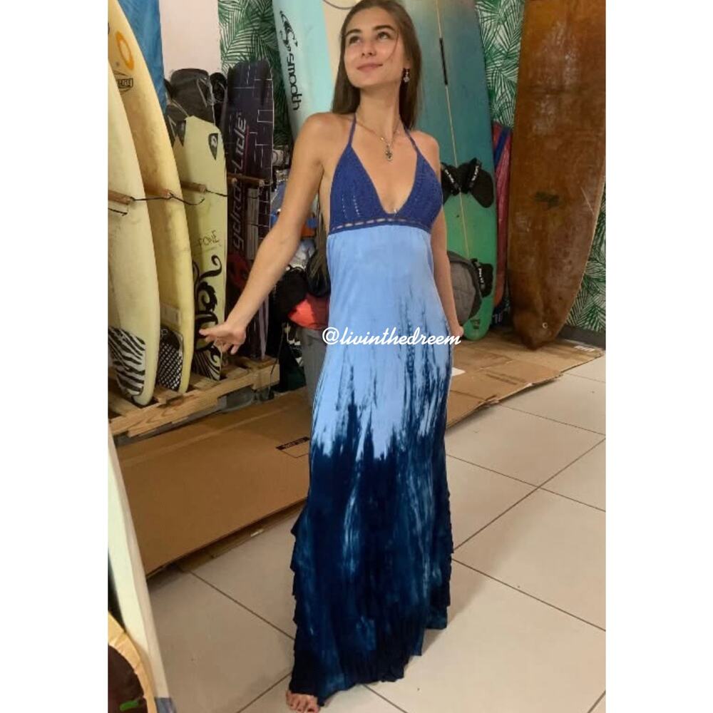 By The Sea Blue Tie Dyr Ruffle Bottom Crochet Top Halter Dress SZ L